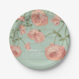 Hübsche Rosa Pfirsichfarben Rose Holzzaun Vintag Pappteller