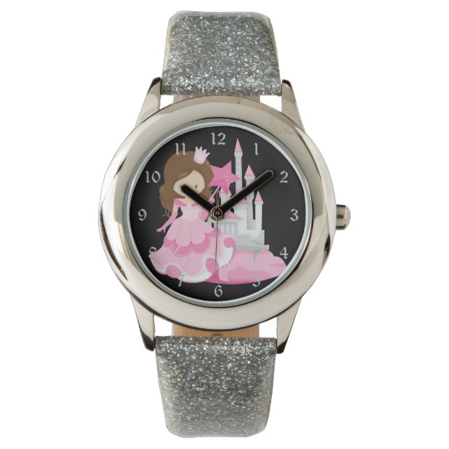 Hübsche Rosa Prinzessin mit Burg Armbanduhr (Vorderseite)