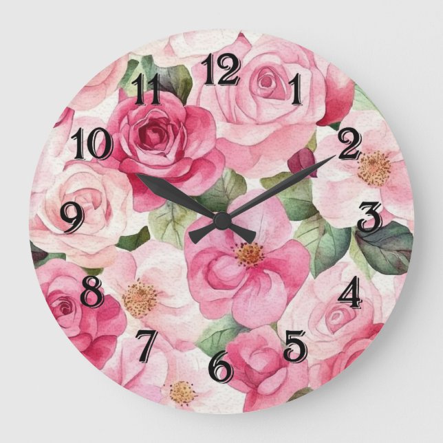 Hübsche rosa Rosen Blumen Große Wanduhr (Vorderseite)