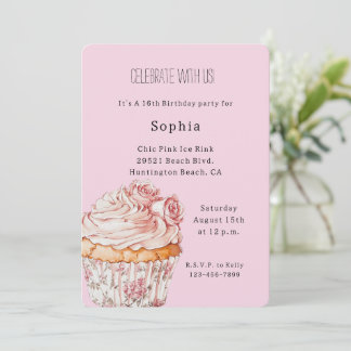Hübsche rosa Rosen Floral Cupcake Geburtstag Einladung