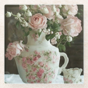 Hübsche rosa Rosen in einer antiken, vintage China Glasuntersetzer