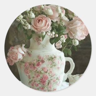 Hübsche rosa Rosen in einer antiken, vintage China Runder Aufkleber