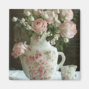 Hübsche rosa Rosen in einer antiken, vintage Porze Magnet