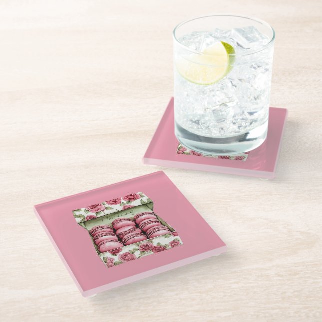 Hübsche rosa Rosen Schachtel Macarons Glasuntersetzer (Schrägansicht)