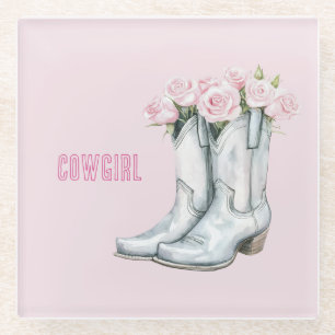 Hübsche rosa Rosen silberne Cowgirl-Stiefel Glasuntersetzer