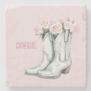 Hübsche rosa Rosen silberne Cowgirl-Stiefel Steinuntersetzer