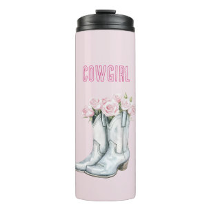 Hübsche rosa Rosen silberne Cowgirl-Stiefel Thermosbecher
