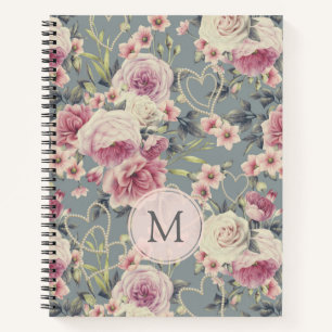 Hübsche rosa Rosen und Perlen-Herzen Monogramm Notizbuch