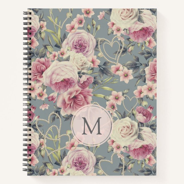 Hübsche rosa Rosen und Perlen-Herzen Monogramm Notizbuch (Vorderseite)