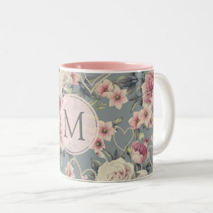 Hübsche rosa Rosen und Perlen-Herzen Monogramm Zweifarbige Tasse