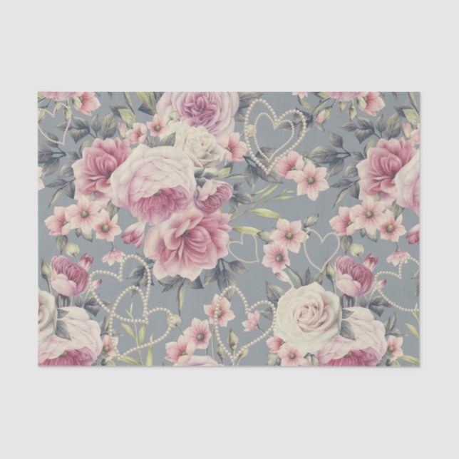 Hübsche rosa Rosen und Perlen-Herzen Seidenpapier (Vorderseite)