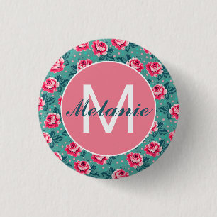 Hübsche rosa Rosen und Punkte auf Türkis personali Button