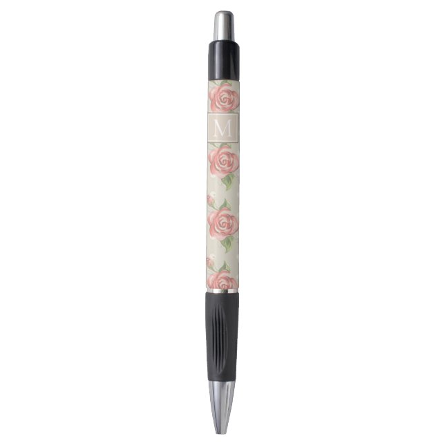 Hübsche rosa Rosen und Punkte Monogramm Kugelschreiber (Vorderseite Vertikal)