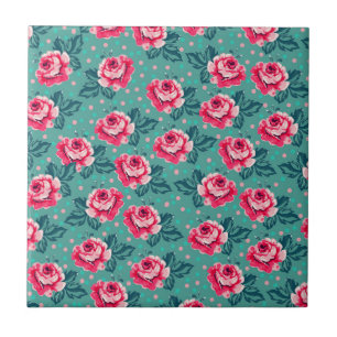 Hübsche rosa Rosen und Punkte-Muster auf Türkis Fliese