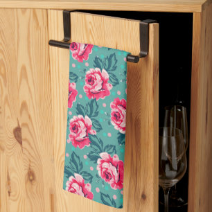 Hübsche rosa Rosen und Punkte-Muster auf Türkis Geschirrtuch