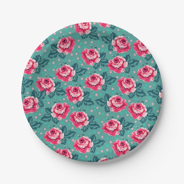 Hübsche rosa Rosen und Punkte-Muster auf Türkis Pappteller (Vorderseite)