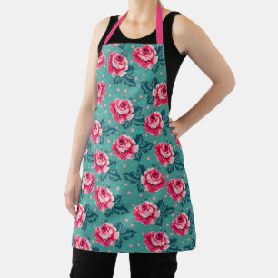 Hübsche rosa Rosen und Punkte-Muster auf Türkis Schürze