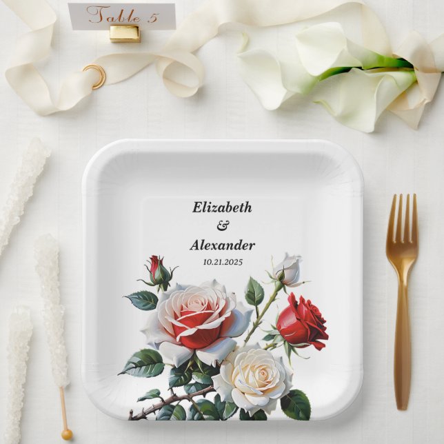 Hübsche Rosa-rote Rosen Blumenhochzeit Pappteller (Hochzeit)