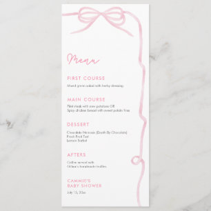 Hübsche rosa Schleife Baby Mädchen Spritzparty Menükarte