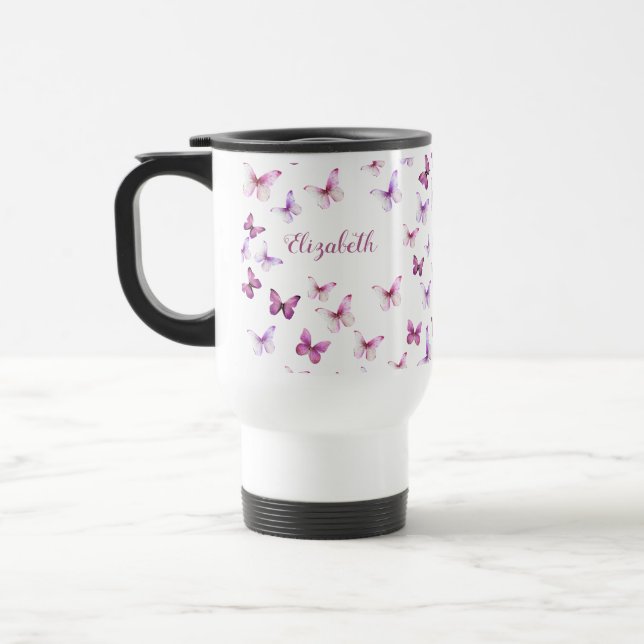 Hübsche rosa Schmetterlinge mit individuellem Name Reisebecher (Links)