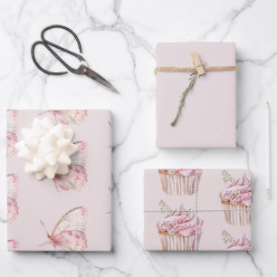 Hübsche Rosa Schmetterlinge zum Geburtstag Geschenkpapier Set