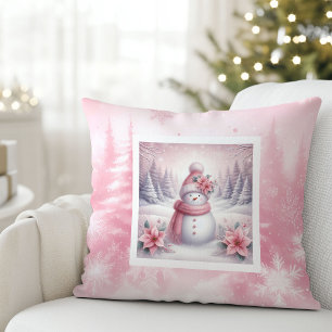 Hübsche rosa Schneeszene Kissen Süßer Schneemann