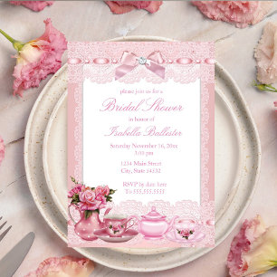 Hübsche rosa Spitzen-Schleife Hochzeits-Tea Bridal Einladung