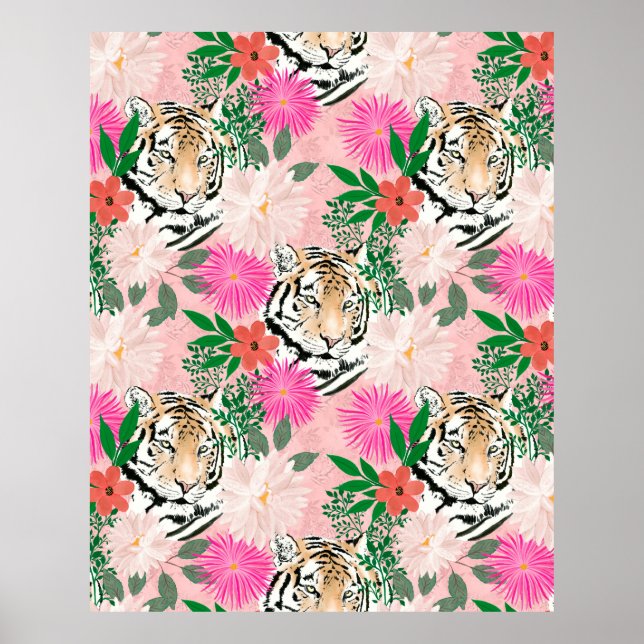 Hübsche Rosa Tiger Blumenbemalung Poster (Vorne)
