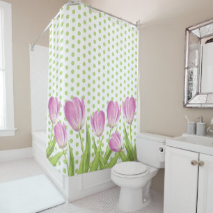 Hübsche Rosa Tulips und Grüne Punkte Elegante Bl Duschvorhang