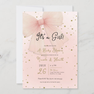 Hübsche rosa Tüll-Schleife und goldene Konfetti-Ba Einladung