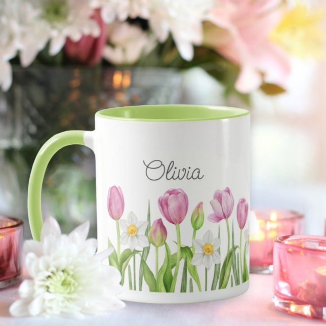 Hübsche Rosa Tulpen und weiße Kaffeedodel Tasse (Von Creator hochgeladen)