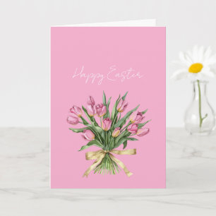 Hübsche rosa Tulpenblumen goldene Schleife Ostern Karte
