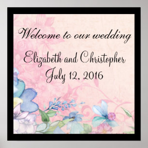 Hübsche rosa und blaue Blumen Hochzeit Willkommen Poster