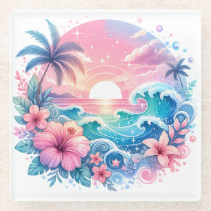 Hübsche rosa und blaue Küstenkunst Glasuntersetzer