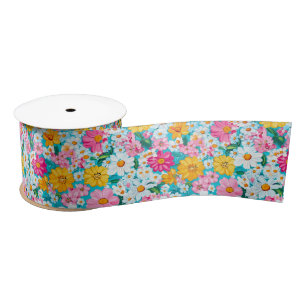 Hübsche rosa und blaue Retro-Blumen Satinband