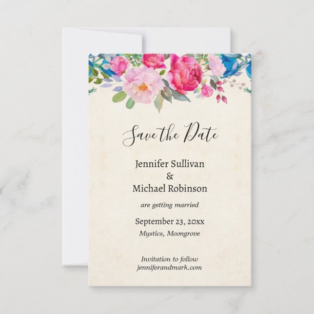 Hübsche Rosa- und Blütenblumen Hochzeiten speicher Save The Date (Vorderseite)