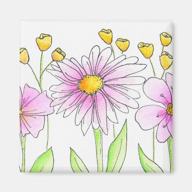 Hübsche rosa und gelbe Aquarellblumen Magnet (Vorne)