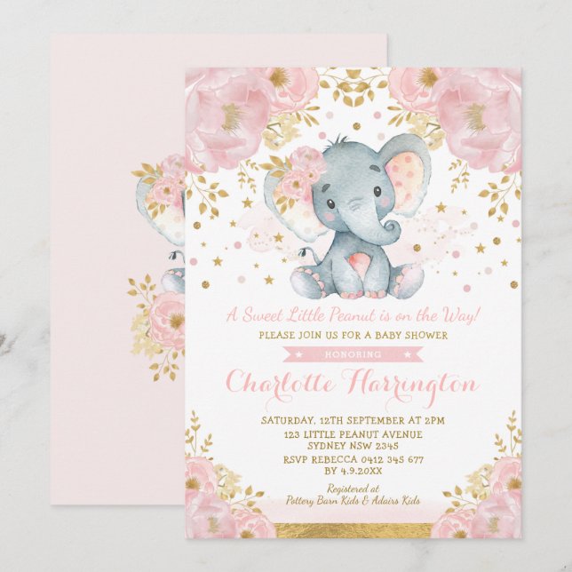 Hübsche Rosa und Gold Elephant Baby Dusche Einladung (Vorne/Hinten)