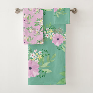 Hübsche Rosa und grüne Blüten Badhandtuch Set