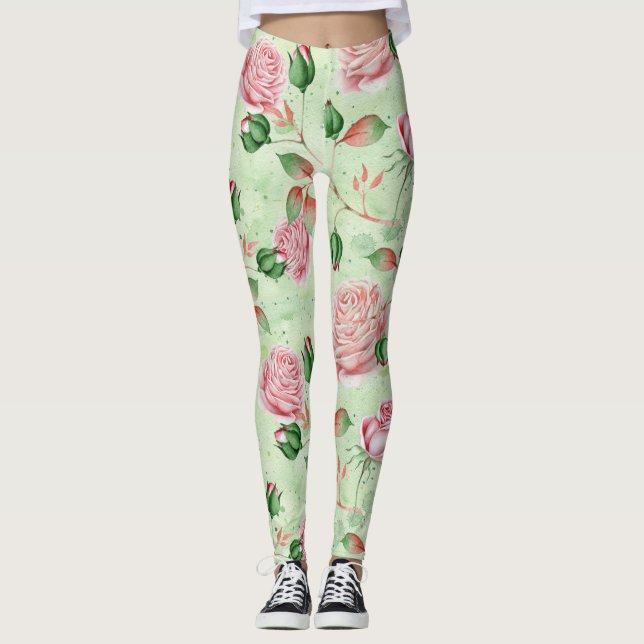 Hübsche Rosa und grüne Blüten  Leggings (Vorderseite)