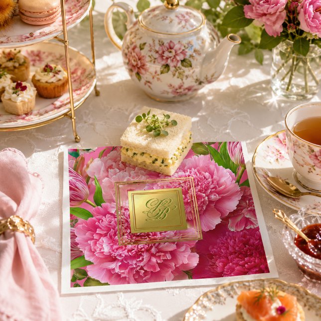  Hübsche rosa und grüne florale Monogramm-Party  Serviette (Devine Pink and Green Floral Personalized Party Napkins )