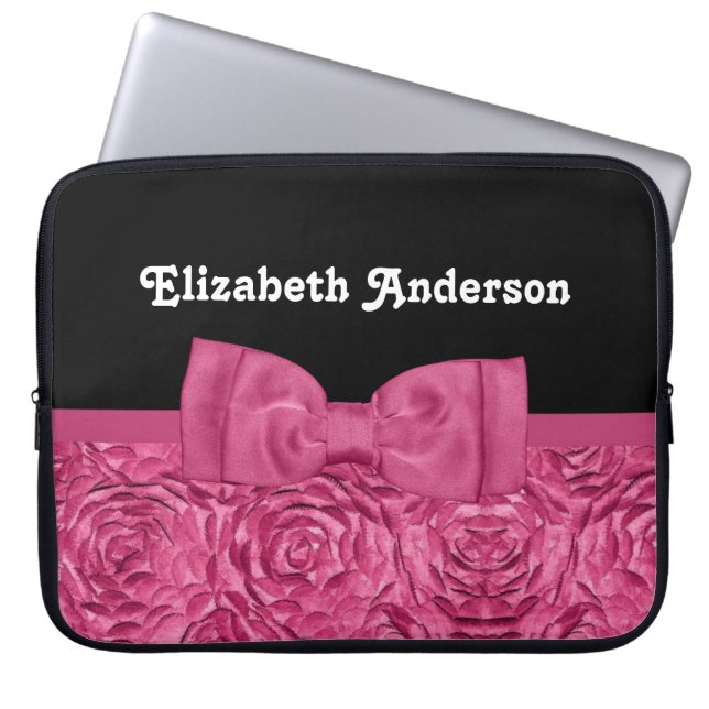 Hübsche Rosa und Schwarze Rose Blumenmotiv Bow Laptopschutzhülle (Vorderseite)