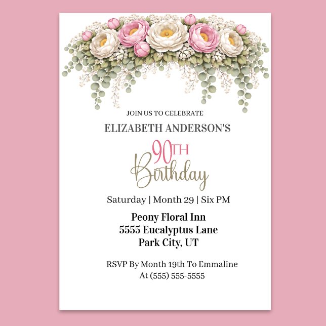 Hübsche rosa und weiße Pfingstrose 90. Geburtstag Einladung (Elegant pink and ivory peony floral 90th birthday invitation)