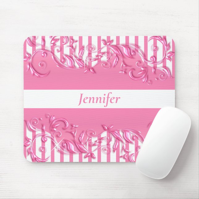 Hübsche, rosa und weiße Streifen mit Blumenmuster Mousepad (Mit Mouse)