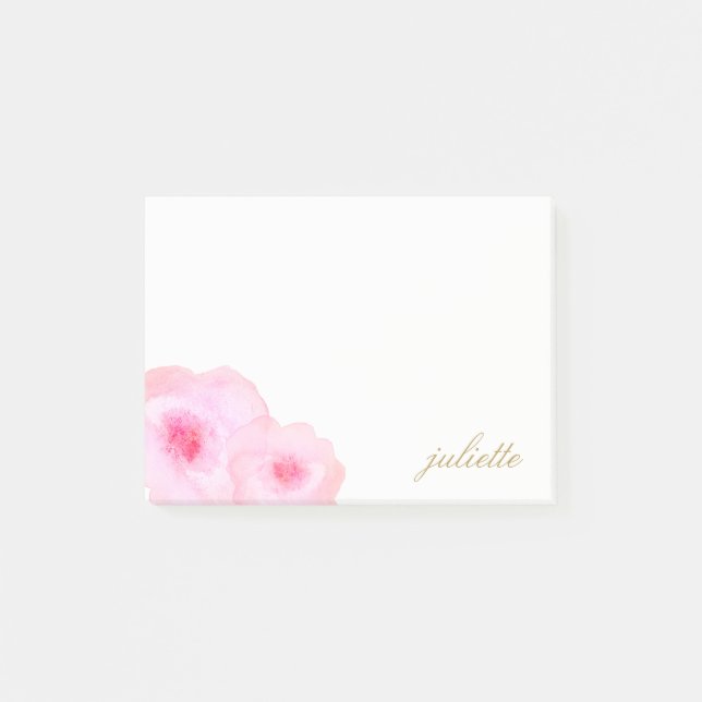 Hübsche rosa Watercolor-Blumen personalisiert Post-it Klebezettel (Vorderseite)