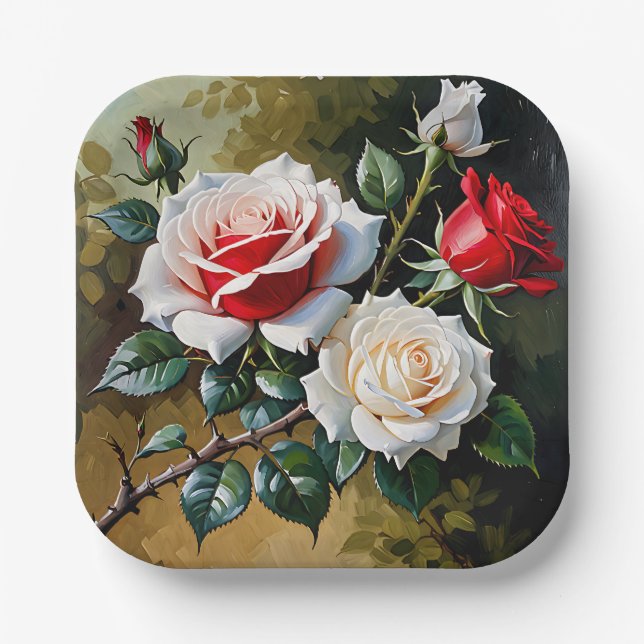 Hübsche rosa weiße rote Rosen Ölmalerei Pappteller (Vorderseite)