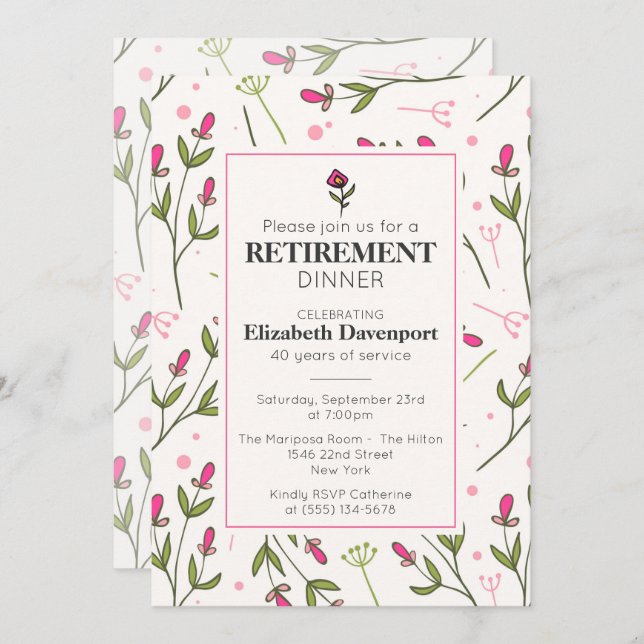 Hübsche Rosa Wildblumen Ruhestätte Einladung (Vorne/Hinten)