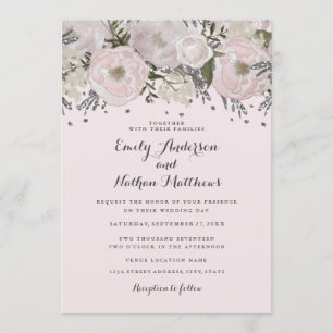 Hübsche rosafarbene silberne Blumen-Hochzeitseinla Einladung