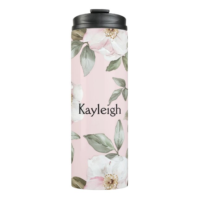 Hübsche rosafarbene weiße Blüten   Thermosbecher (Vorderseite)