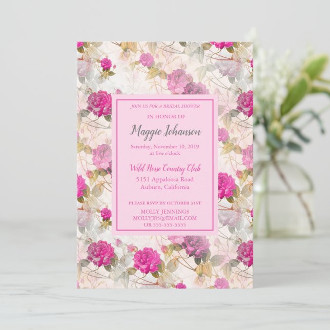 Hübsche Rose Brautdusche Einladung (Stehend Vorderseite)